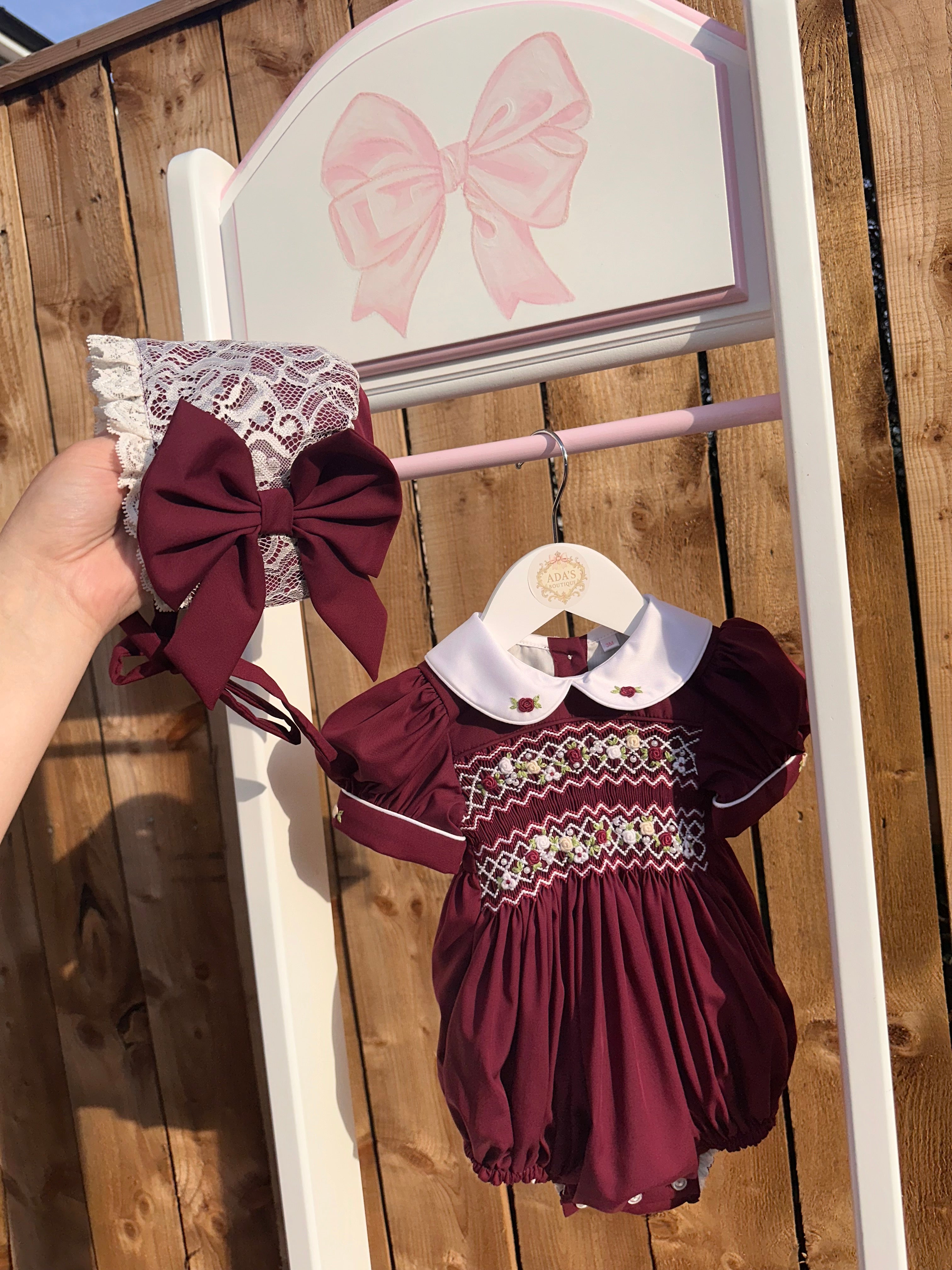 Girls Burgandy Smock Bubble Romper