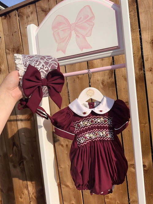 Girls Burgandy Smock Bubble Romper