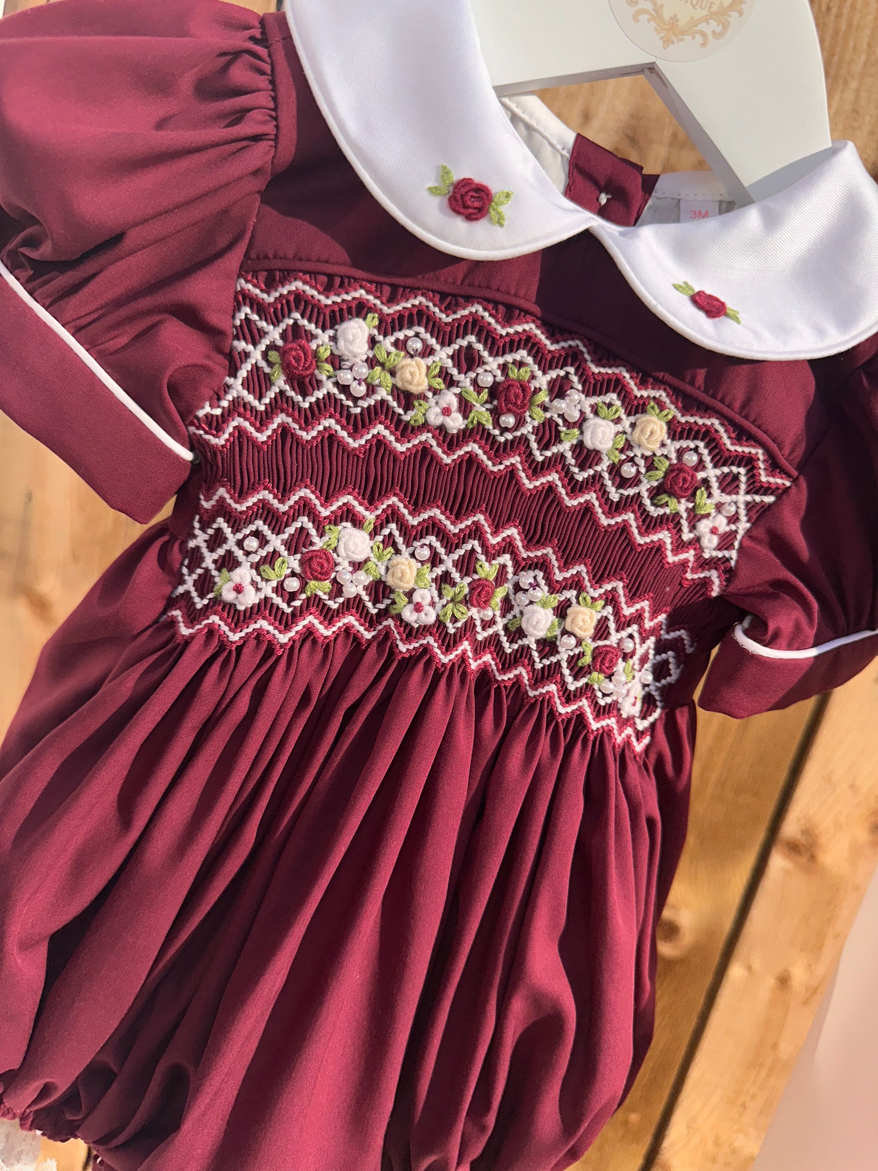 Girls Burgandy Smock Bubble Romper
