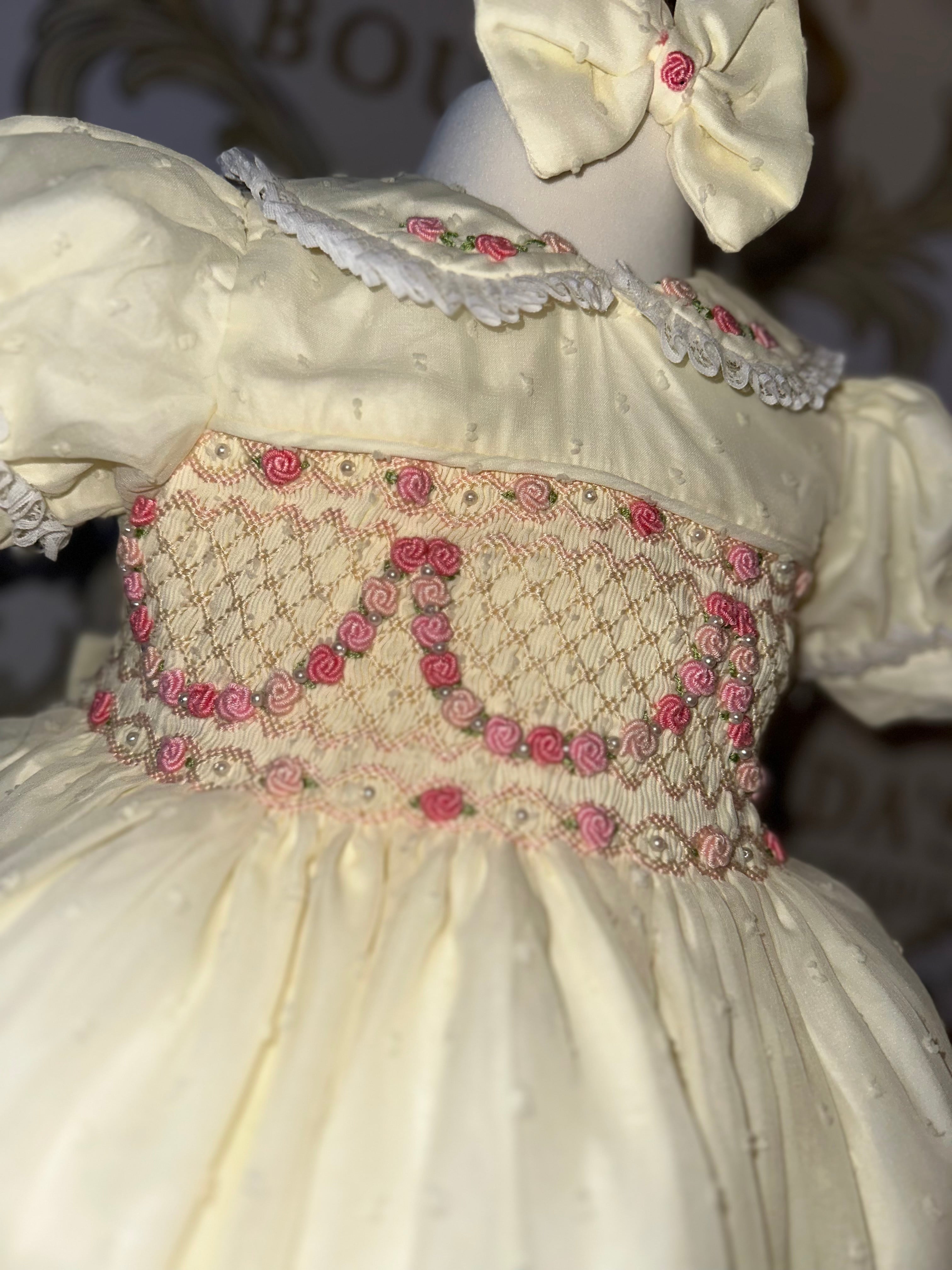 Cream & Pink Swiss Dot Smock Dress