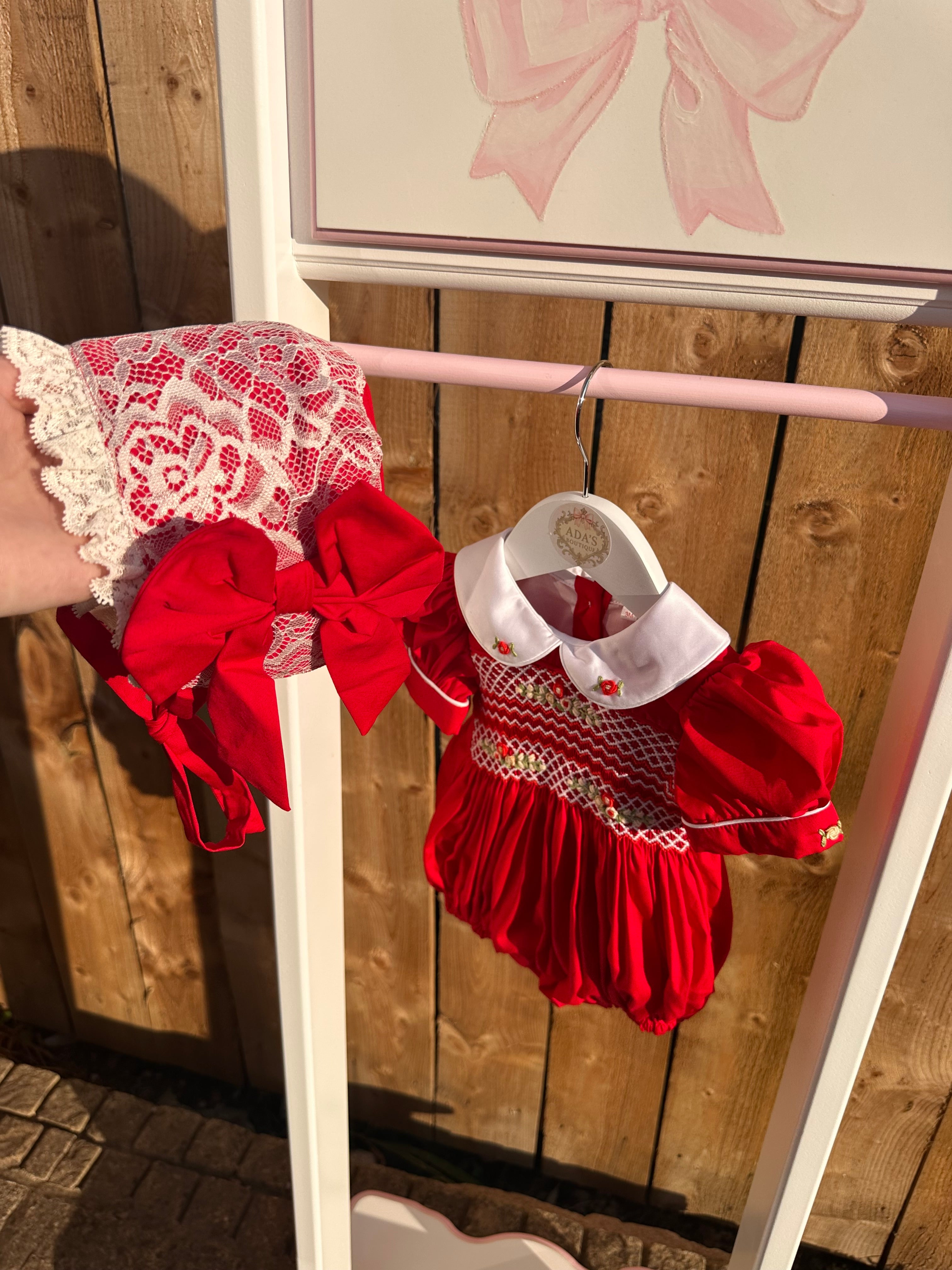 Girls Red Smock Bubble Romper