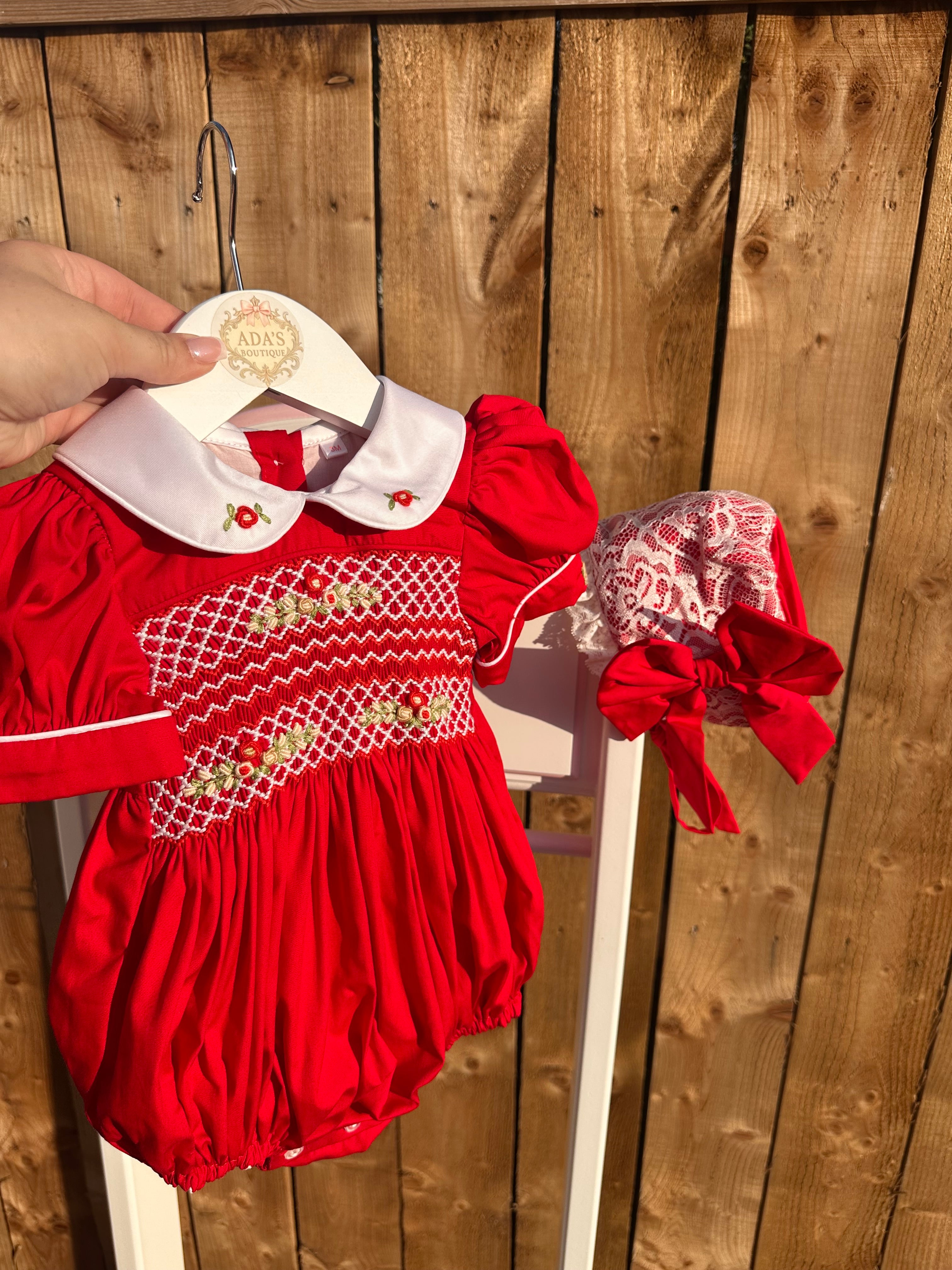 Girls Red Smock Bubble Romper
