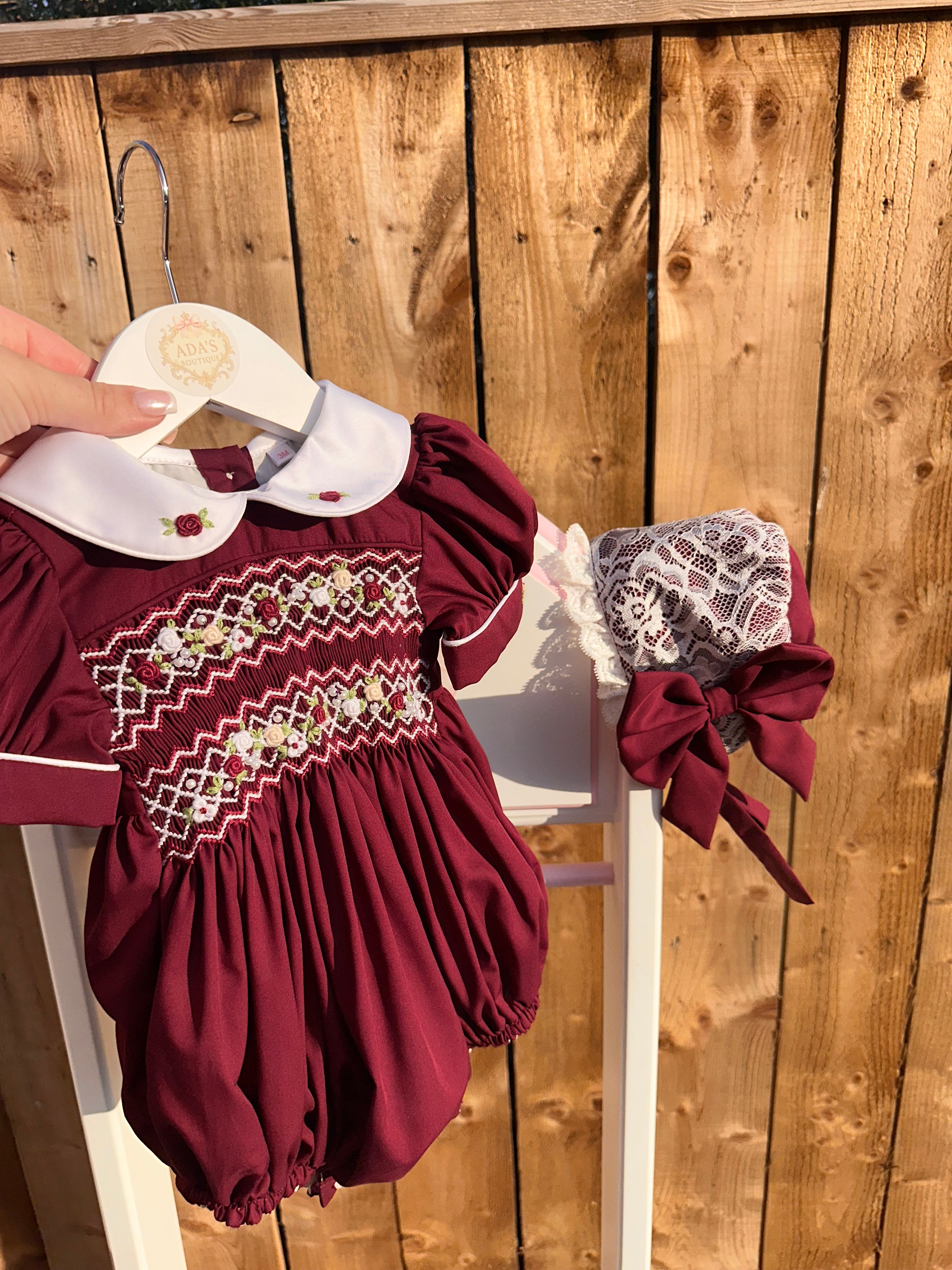 Girls Burgandy Smock Bubble Romper