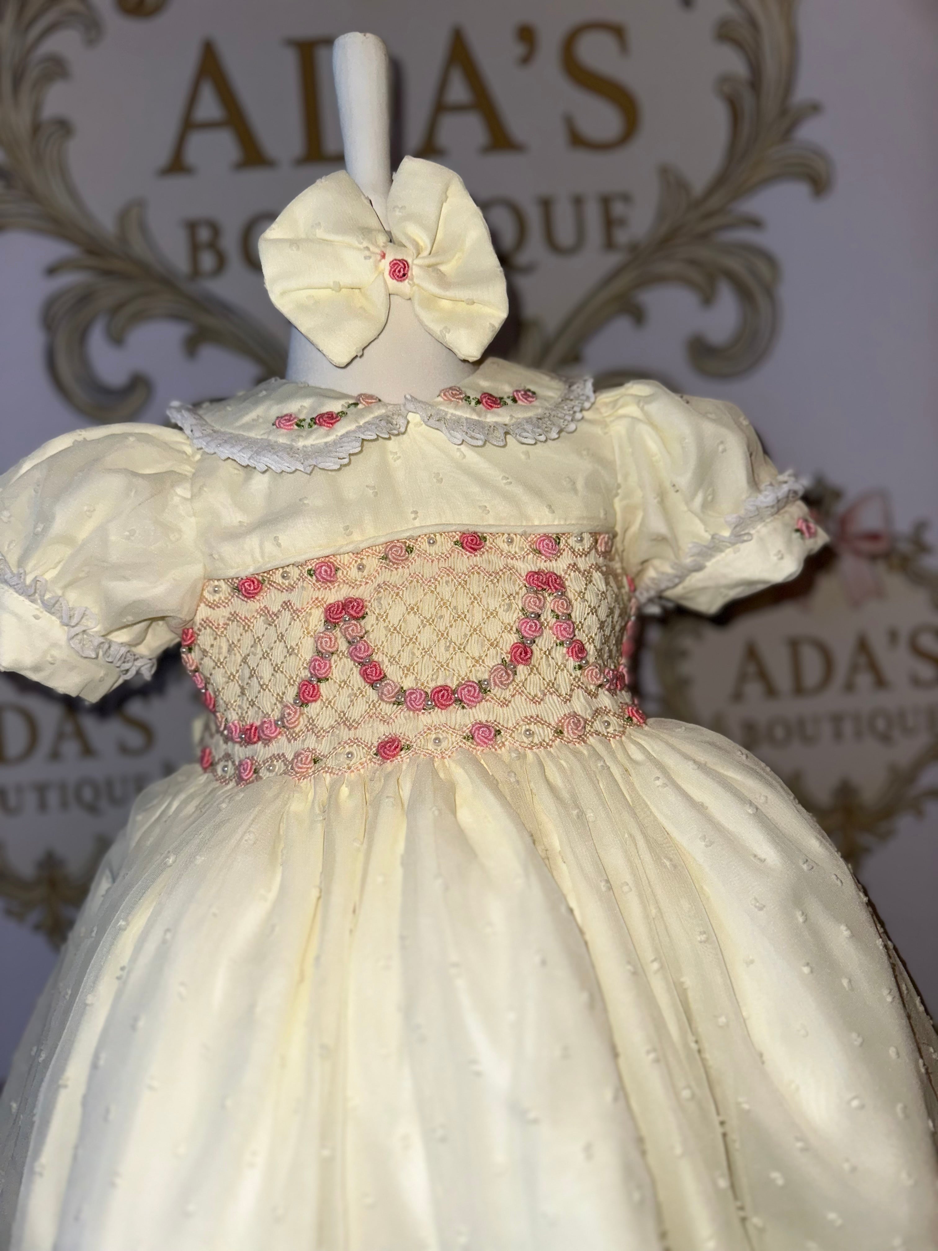 Cream & Pink Swiss Dot Smock Dress