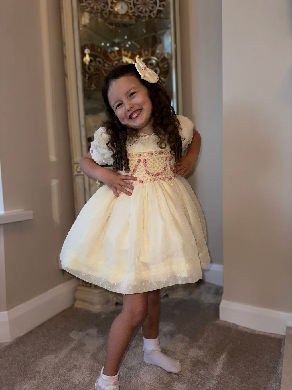 Cream & Pink Swiss Dot Smock Dress