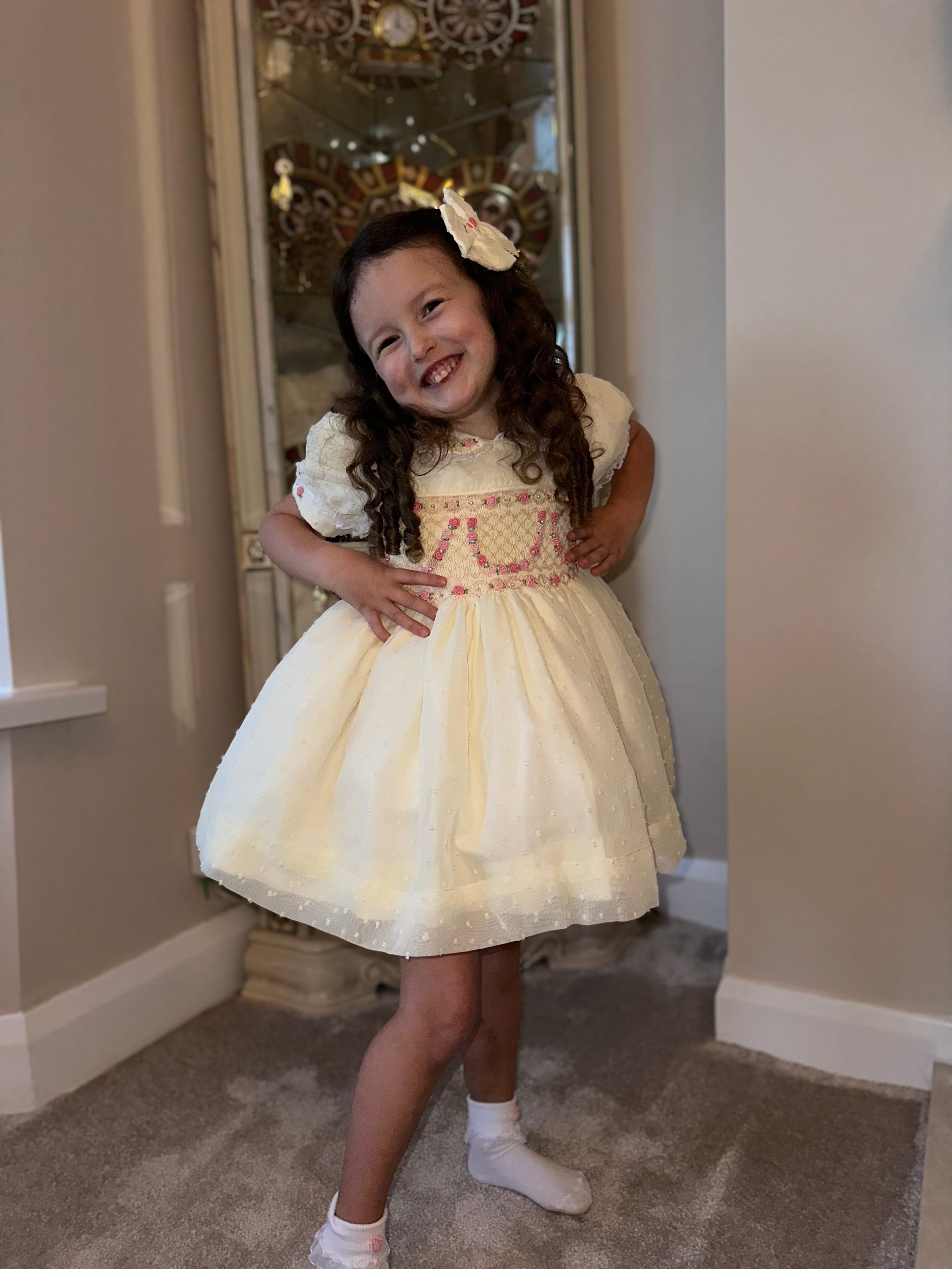 Cream & Pink Swiss Dot Smock Dress