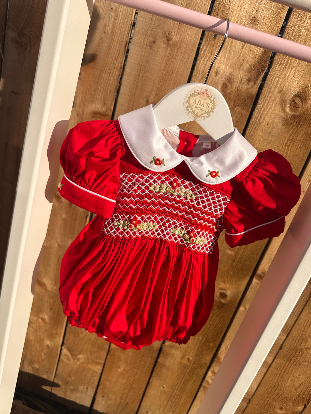 Girls Red Smock Bubble Romper