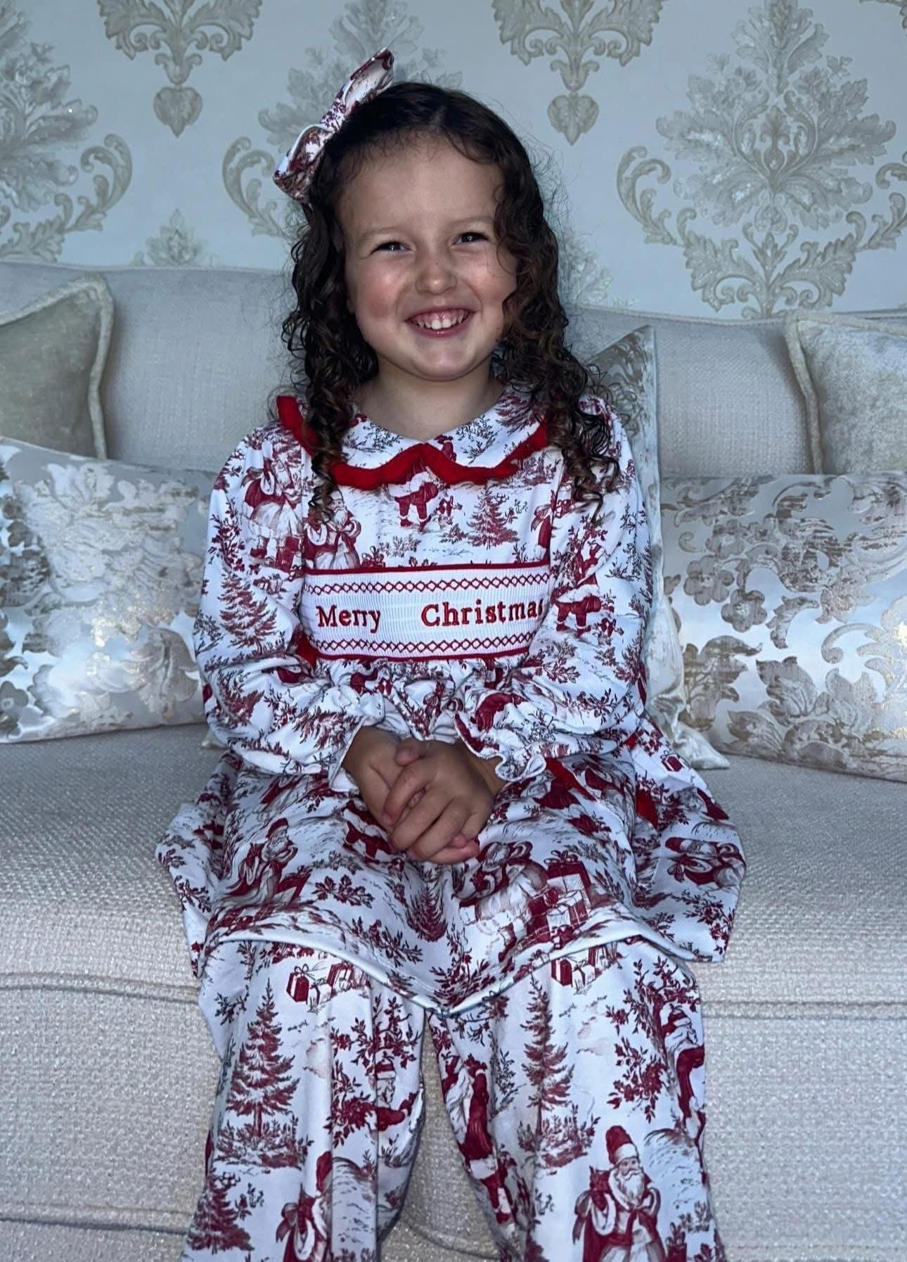 Girls Red Toile Smocked Christmas Pjs